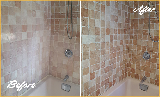 Before and After Picture of a Travertine Shower Cleaned and Enhanced to Eliminate Dullness