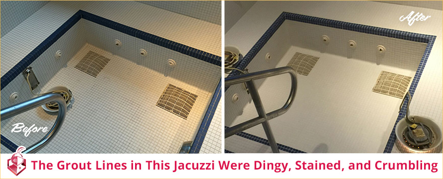 Before and After Picture of a Jacuzzi Grout Sealing Service