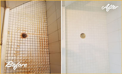 Picture of White Tile Shower with Heavy Rust Stains