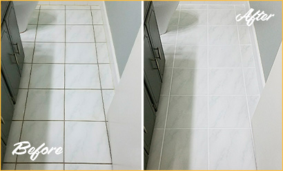 Picture of White Tile Bathroom Floor Before and After Grout Color Change