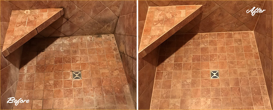 Beige Shower Before and After Cracked and Crumbling Grout Repair