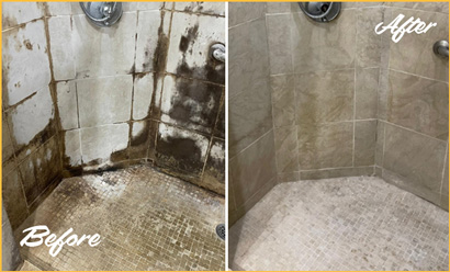 Tiled Shower Embedded With Grime Before and Then Cleaned After WFY Development Projects 1's Hard Surface Cleaning Services