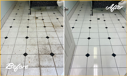 Restroom With Dark Grout Lines Before and Then Whitened Clean After WFY Development Projects 1's Restoration Services