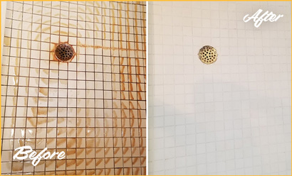 White Tile Shower With Heavy Rust Stains Before and Looking New After WFY Development Projects 1's Cleaning Service