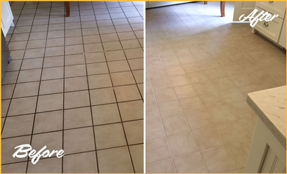 Before and After Picture of a Dirty Kitchen Tile Floor Cleaned and Sealed for Extra Protection