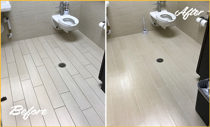 Dirty Restroom Tile Floor Before and Then the Results After WFY Development Projects 1's Cleaning and Sealing Service